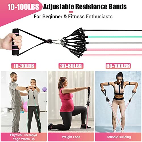 Adjustable resistance bands for physical therapy, weight loss, and muscle building.