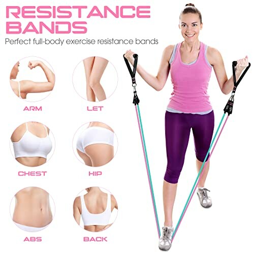 Woman exercising with resistance bands, showing targeted muscle areas.