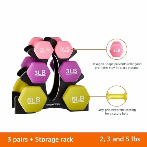 Hexagon-shaped neoprene dumbbell set with storage rack, includes 2, 3, and 5 lb weights.