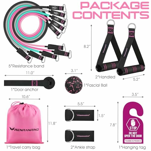 Resistance band set with handles, ankle straps, door anchor, fascial ball, travel bag, and hanging tag.