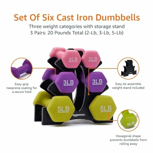 Set of six cast iron dumbbells with storage stand.