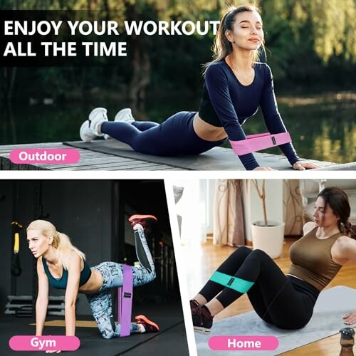 Women using exercise bands in outdoor, gym, and home settings.