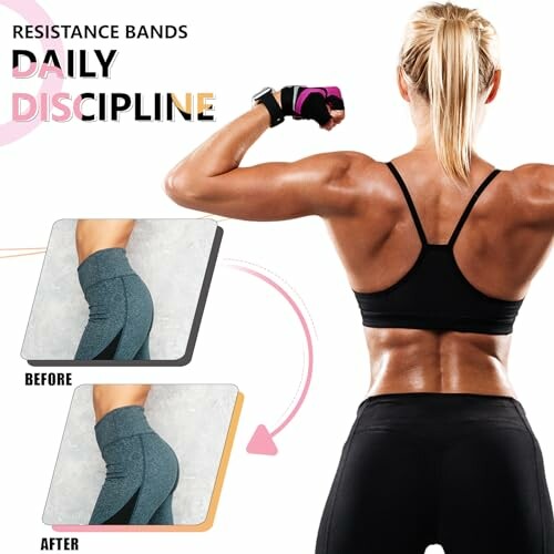 Woman showing fitness progress with resistance bands, before and after images.