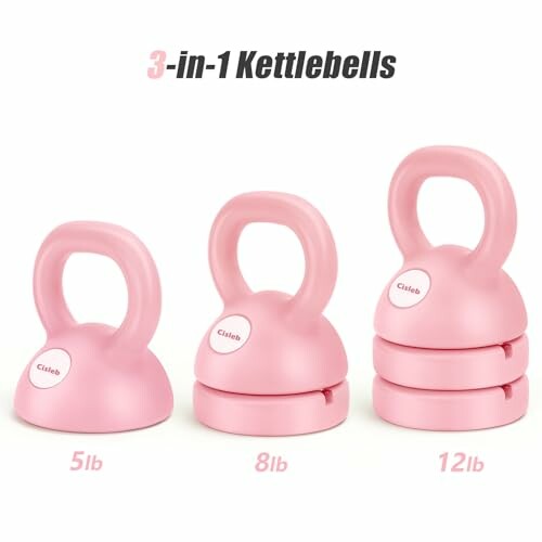 Three pink kettlebells with weights 5lb, 8lb, and 12lb.