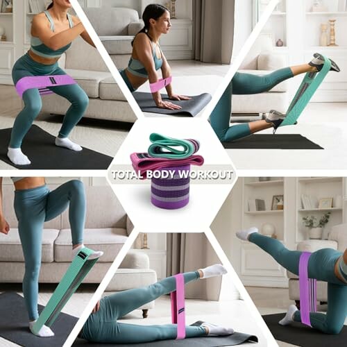 Woman performing exercises with resistance bands at home.