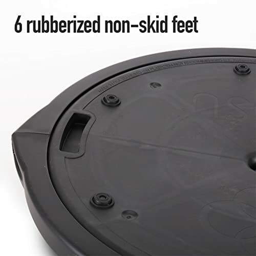 Close-up of a black round object with six rubberized non-skid feet.